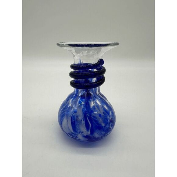 Murano Style Glass Vase Hand Blown w/ Handle 5” Blue - Picture 4 of 9